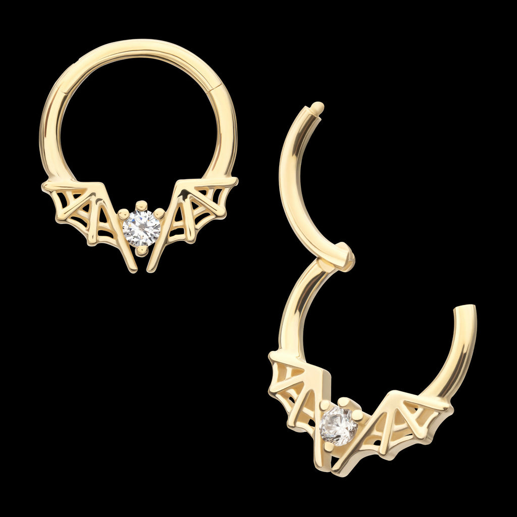 Angled Bat Wings Frame a Prong Set Gem Front Facing Hinged Segment Clicker Hoop Earring / Nosering – 14Kt Yellow Gold