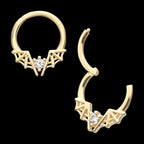 Angled Bat Wings Frame a Prong Set Gem Front Facing Hinged Segment Clicker Hoop Earring / Nosering – 14Kt Yellow Gold