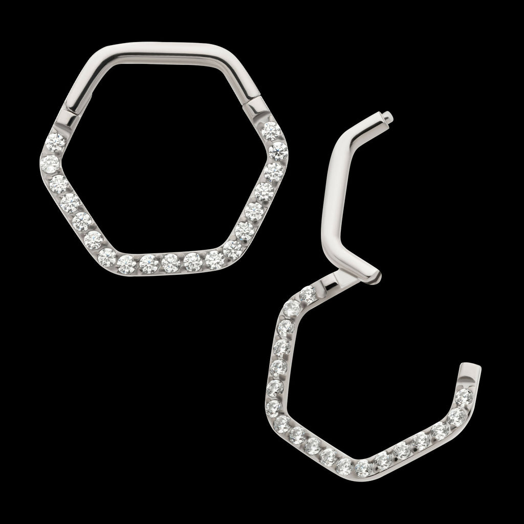 1mm CNC Set Clear CZ Eternity Hexagon Shape Front Facing Hinged Segment Clicker Hoop Earring / Nosering – Titanium