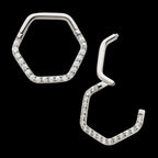 1mm CNC Set Clear CZ Eternity Hexagon Shape Front Facing Hinged Segment Clicker Hoop Earring / Nosering – Titanium