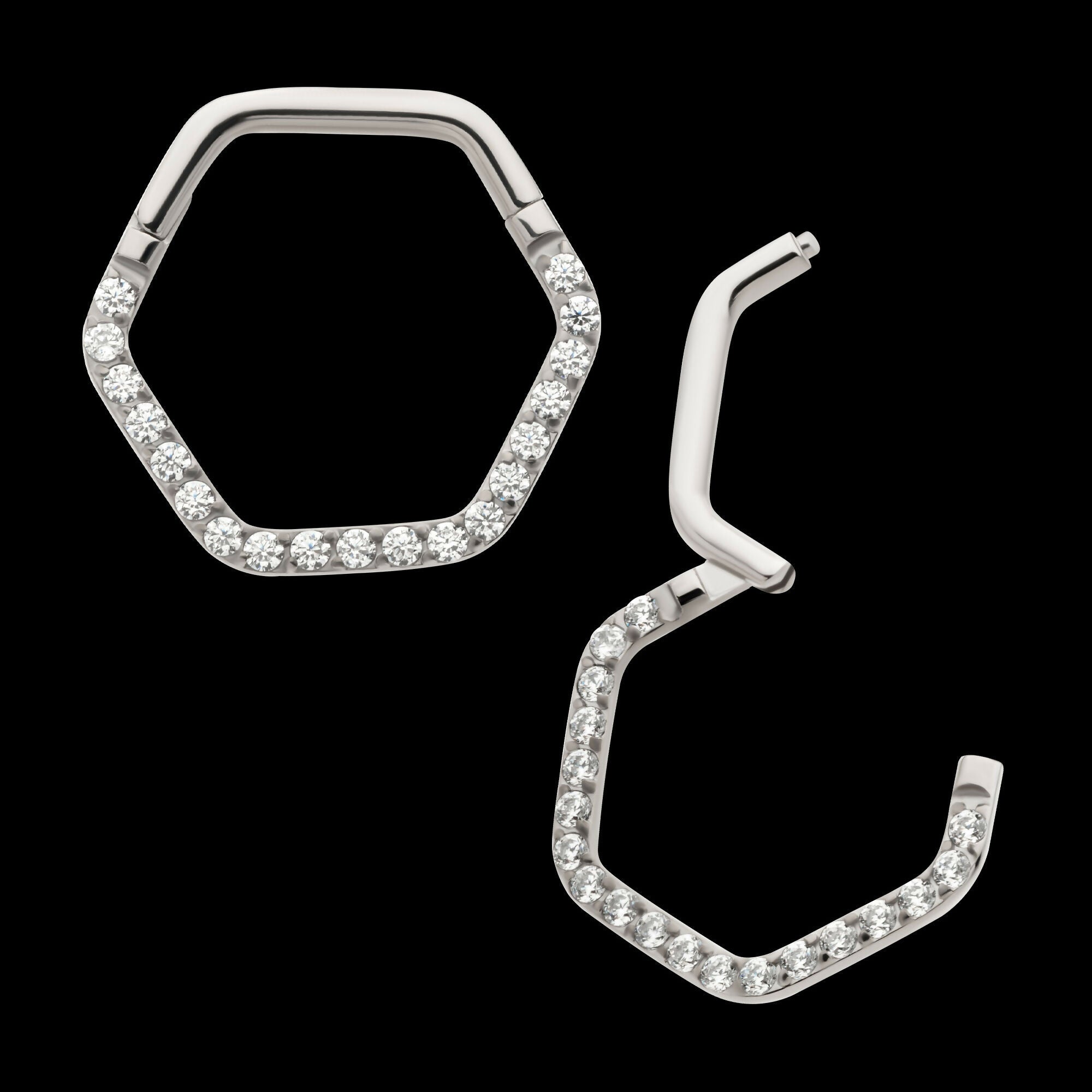 1mm CNC Set Clear CZ Eternity Hexagon Shape Front Facing Hinged Segment Clicker Hoop Earring / Nosering – Titanium