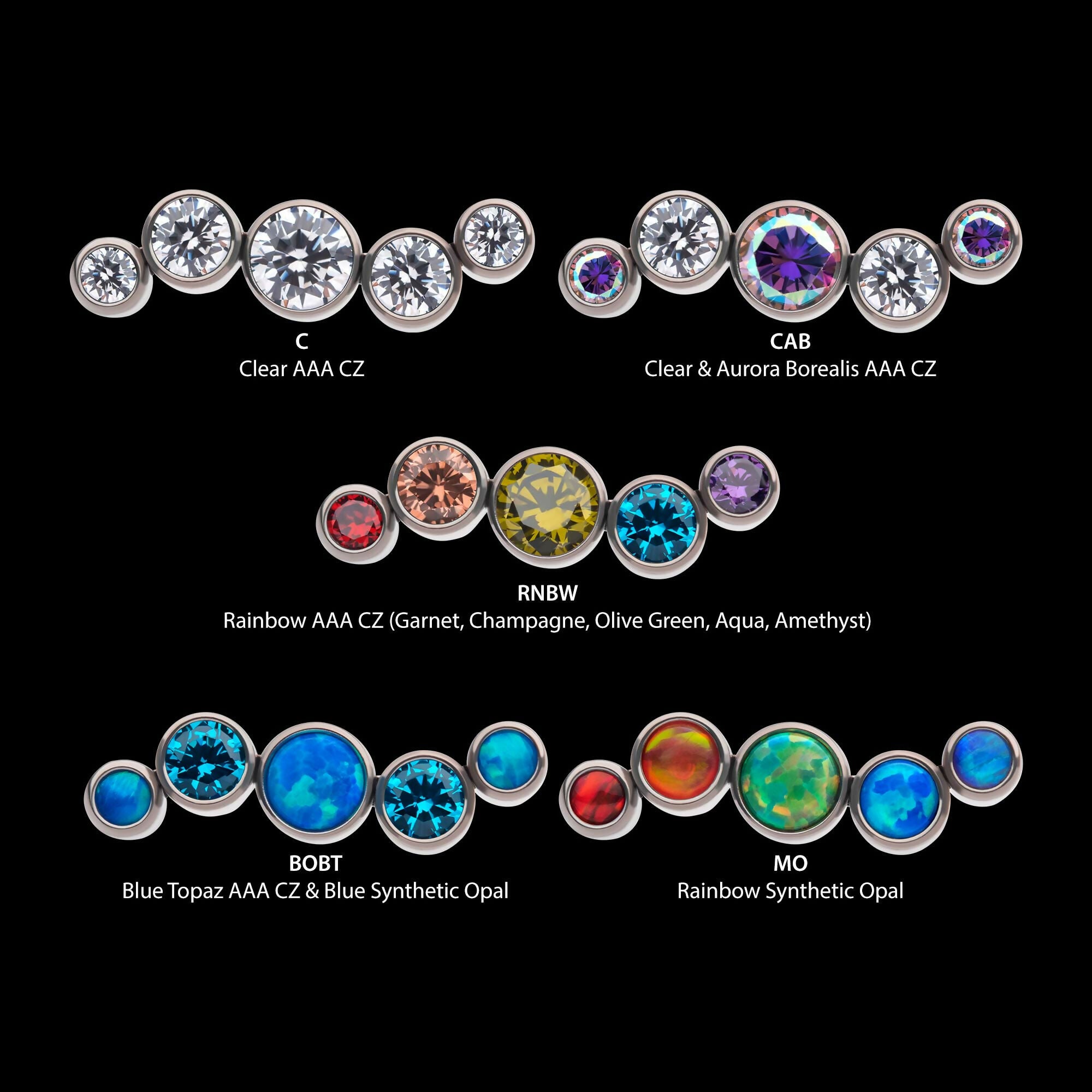 Titanium Threadless Bezel Set CZ/Opal Oscillating 5-Cluster Top