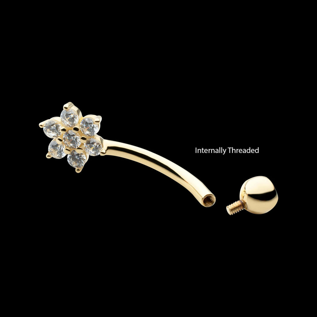 14Kt Gold Internally Threaded Round Clear CZ Flower Shape Fixed Bottom Navel