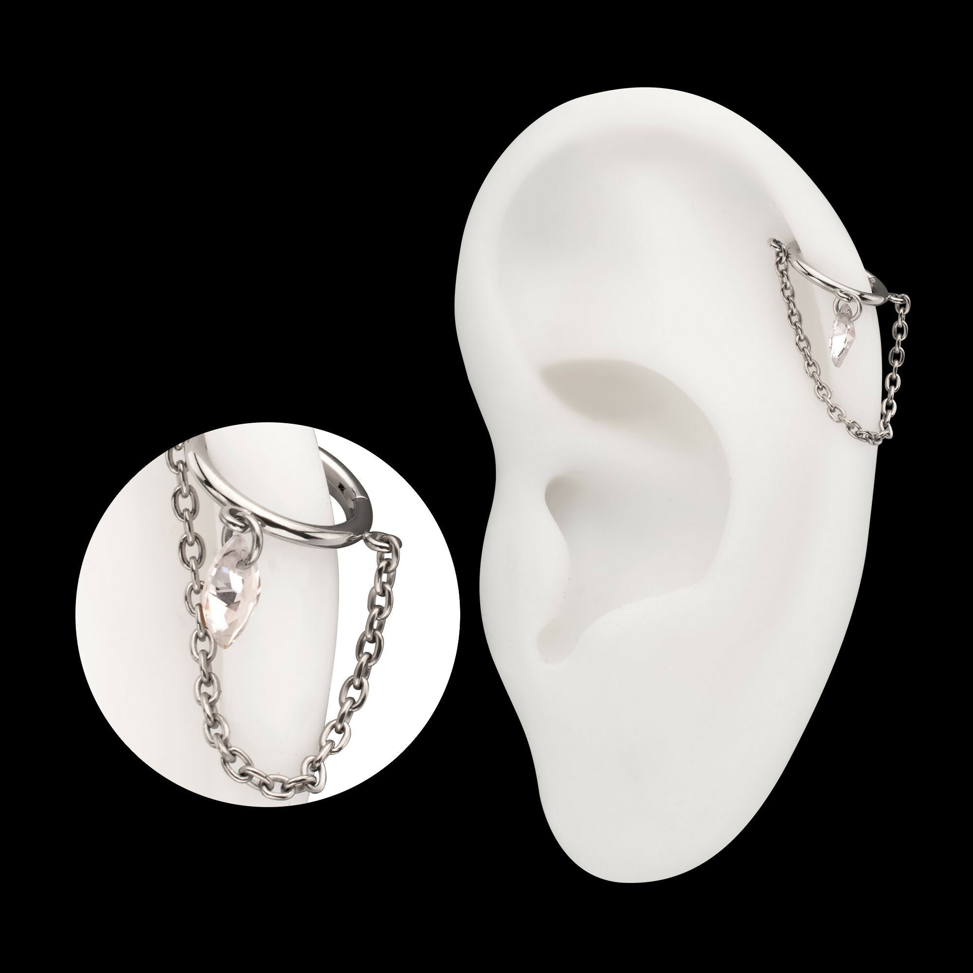 Chain Dangle Hinged Segment Clicker with Floating Marquise CZ Gem Hoop Earring / Nosering – Titanium