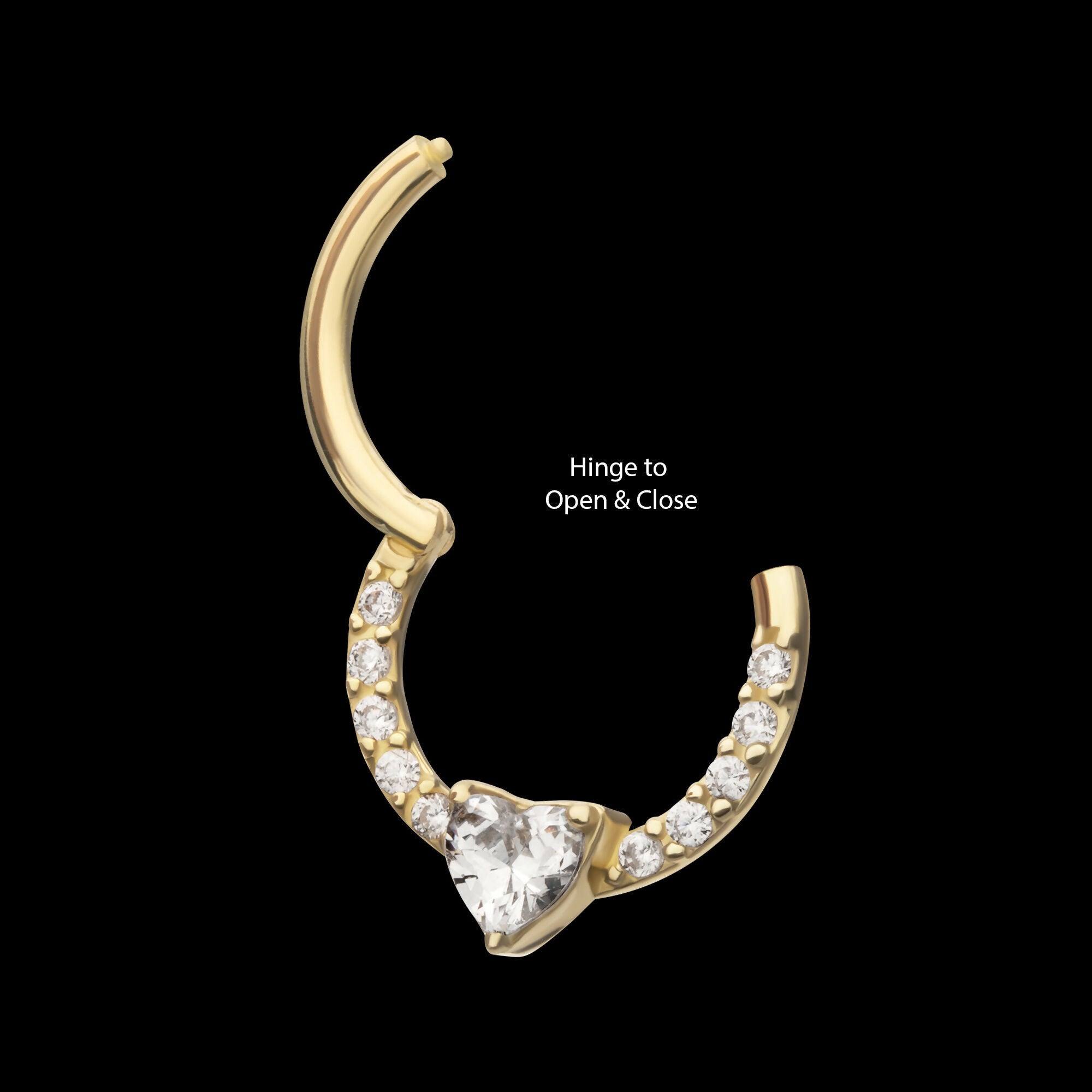 3mm Prong Set Heart with 1mm CNC Set Round Gem Front Facing Hinged Segment Clicker Hoop Earring / Nosering – 14Kt Gold