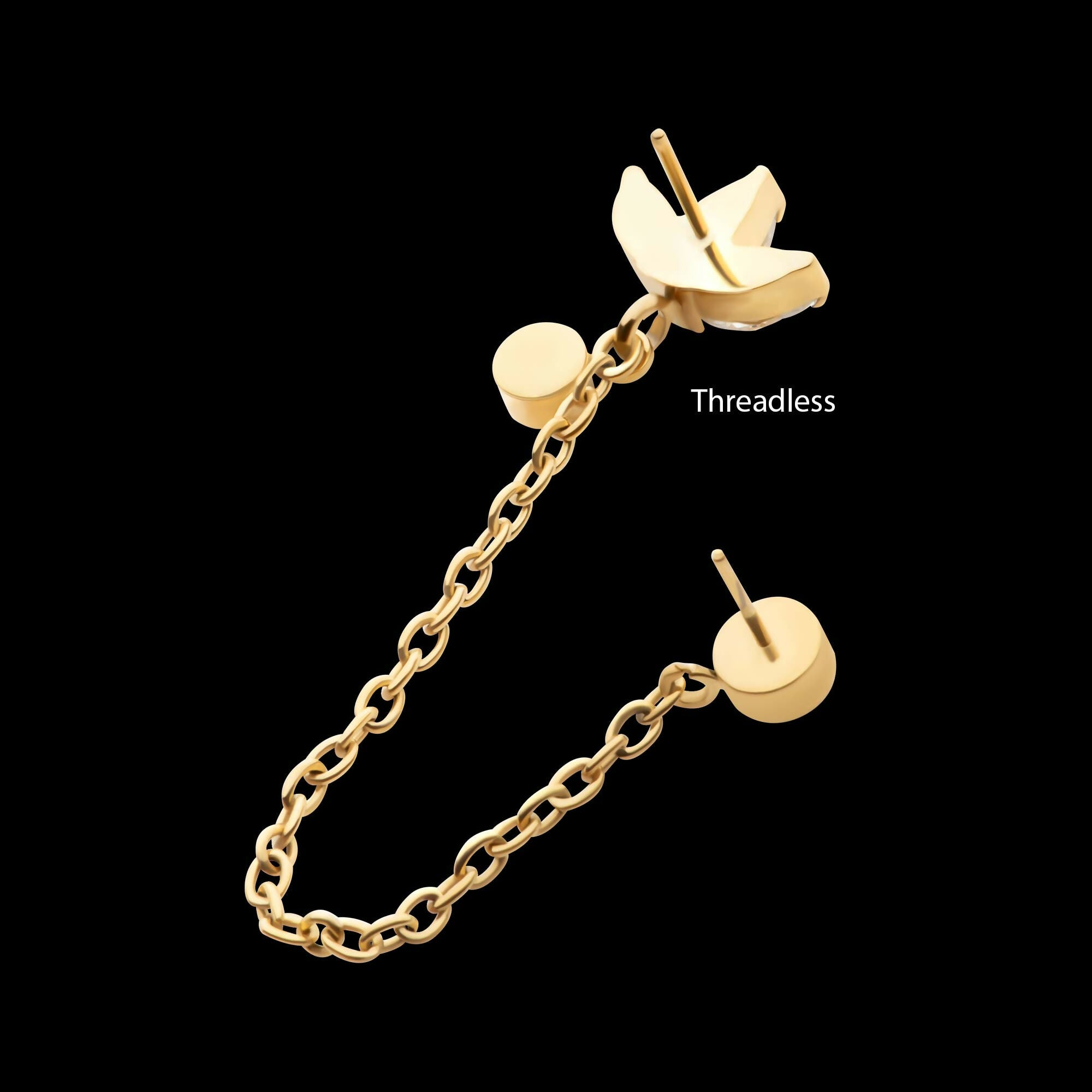 24Kt Gold PVD Titanium Threadless Marquise Trinity & Duo Bezel Round Gem Top with Dangle Rolo Chain