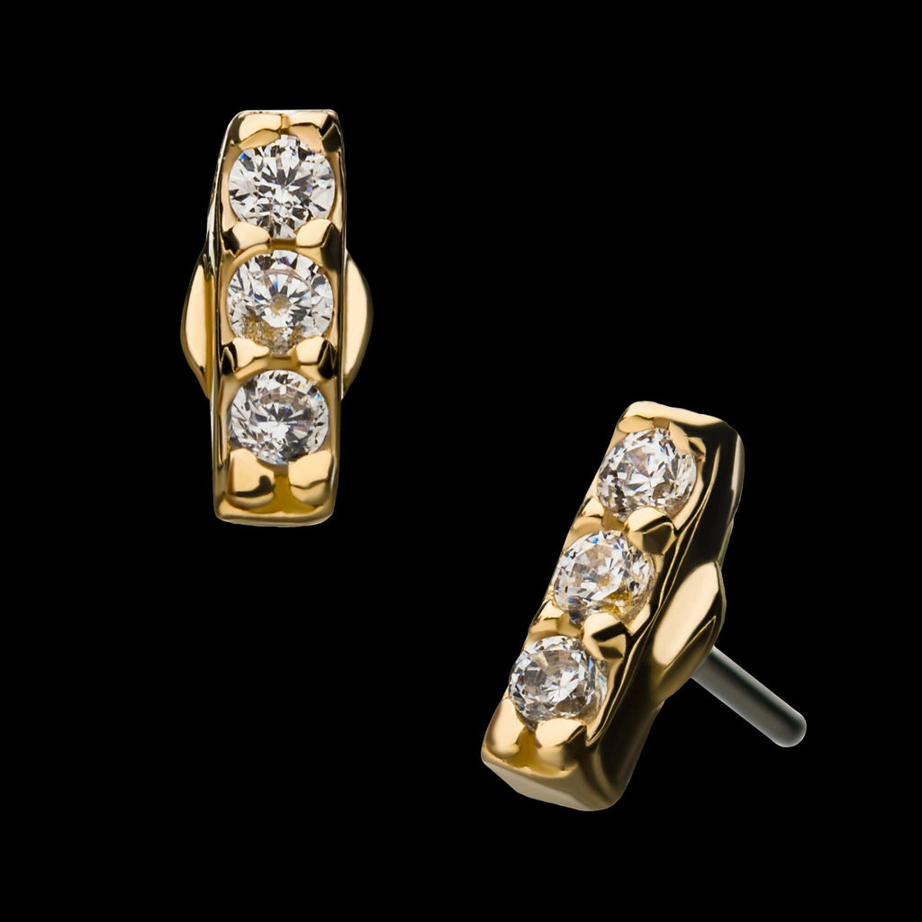 14Kt Yellow Gold Threadless with 3-Clear Gem Bar Top