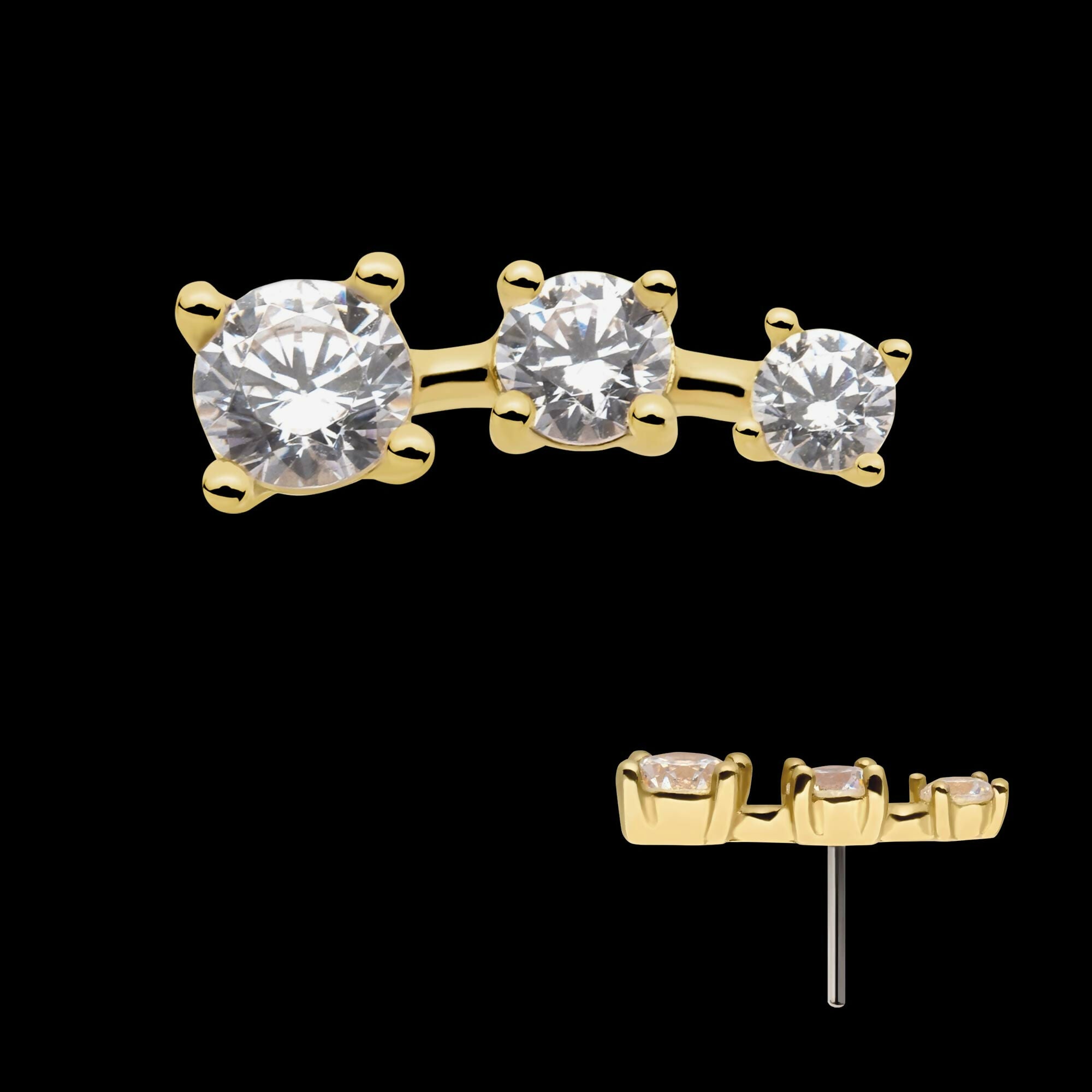 14Kt Yellow Gold Threadless with Prong Set CZ 3-Cluster Top