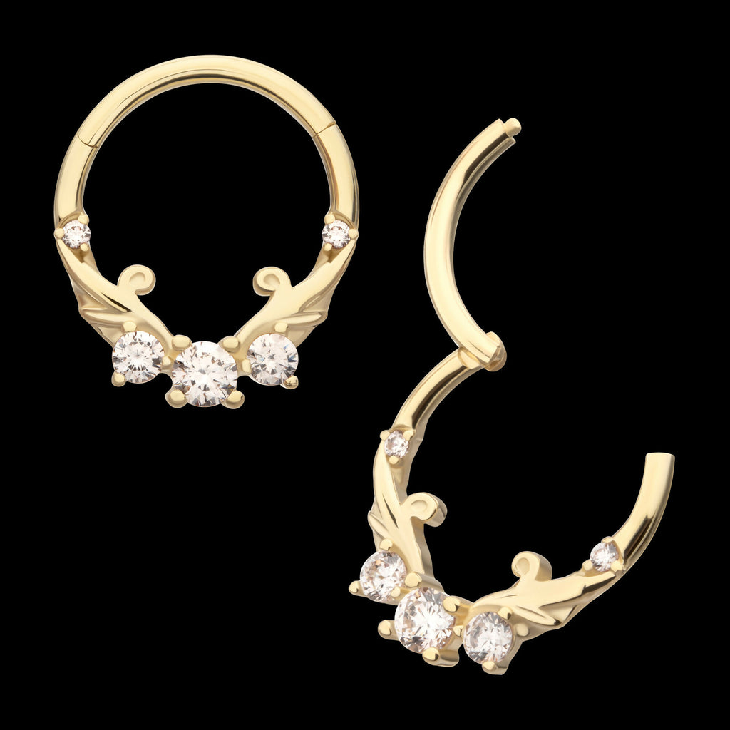 Double Swirled Vine with Prong Set Front Facing Hinged Segment Clicker Hoop Earring / Nosering – 14Kt Yellow Gold