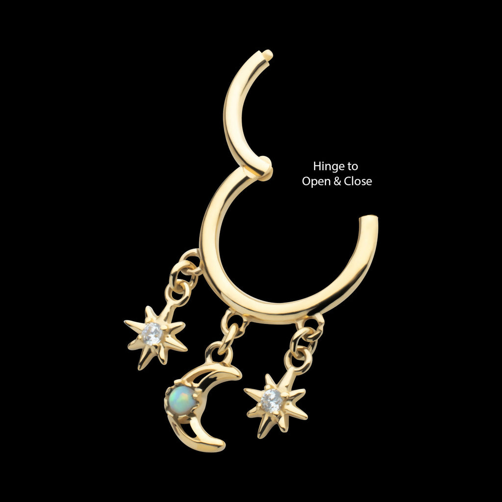 Triple Dangle Charm Clear CZ Stars & Opal Crescent Moon Hinged Segment Clicker Hoop Earring / Nosering – 14Kt Yellow Gold