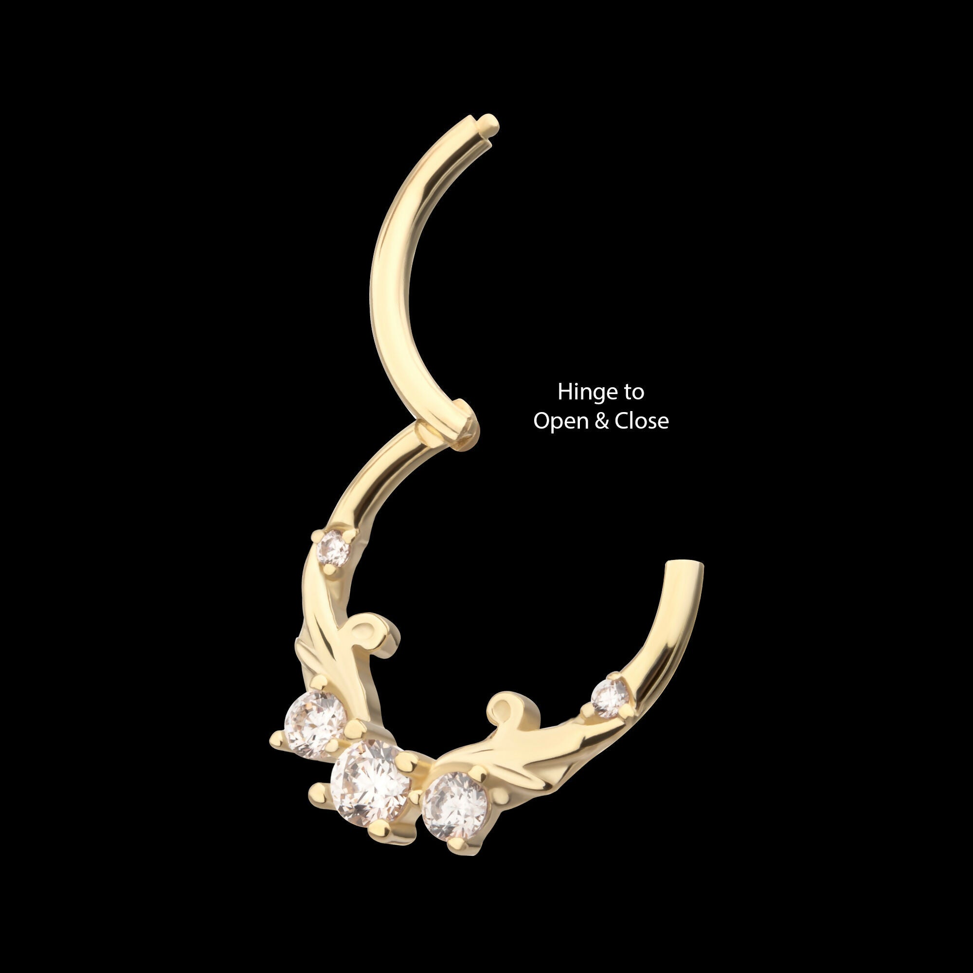 Double Swirled Vine with Prong Set Front Facing Hinged Segment Clicker Hoop Earring / Nosering – 14Kt Yellow Gold