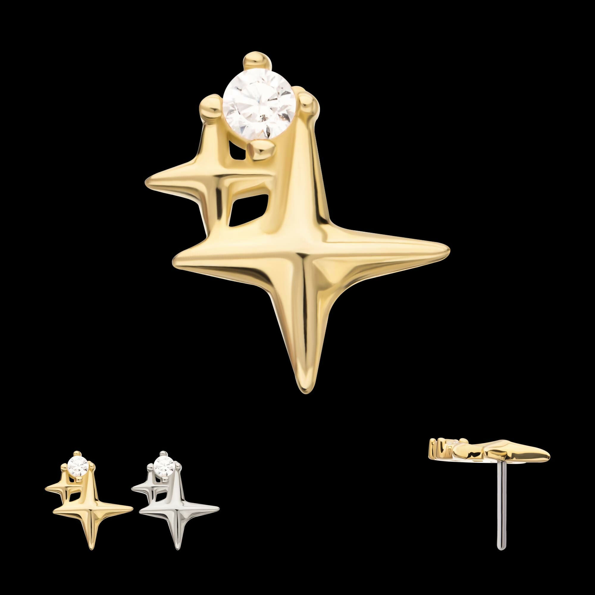 14Kt Gold Threadless Double Celestial Star Top with Prong Set Gem