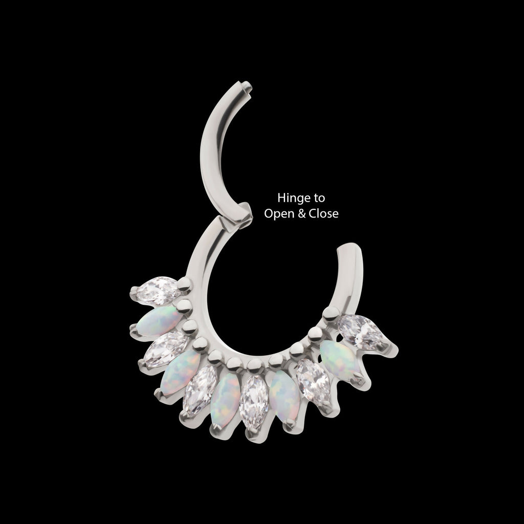 Prong Set Marquise Gem & Opal Cluster Fan Front Facing Hinged Segment Clicker Hoop Earring / Nosering – Titanium