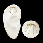 14Kt Gold Threadless 6 Cluster CZ Curved Bar Top with 5 Gemmed Dangle Chains