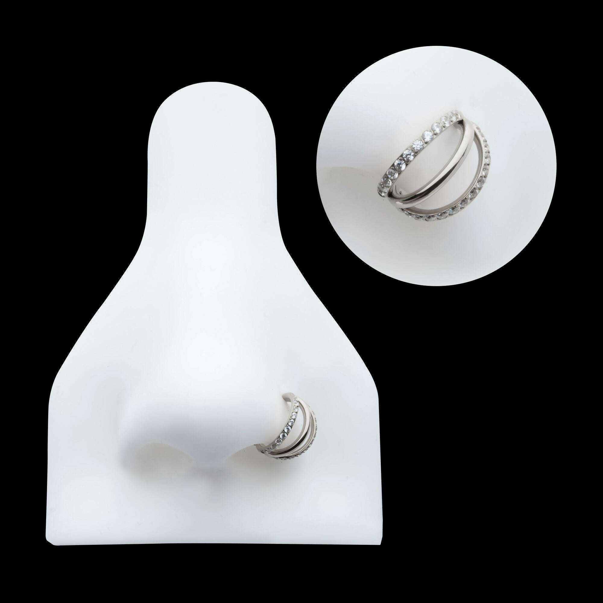 Triple Hoop with CNC Set 1mm Eternity Gem in 2 Alternate Hoops Side Facing Hinged Segment Clicker Earring / Nosering – Titanium
