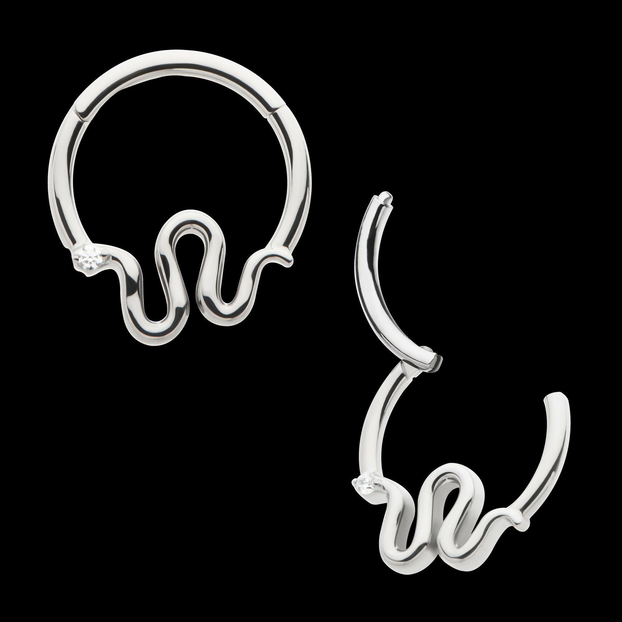 Pronged Round CZ Snake Front Facing Hinged Segment Clicker Hoop Earring / Nosering – Titanium