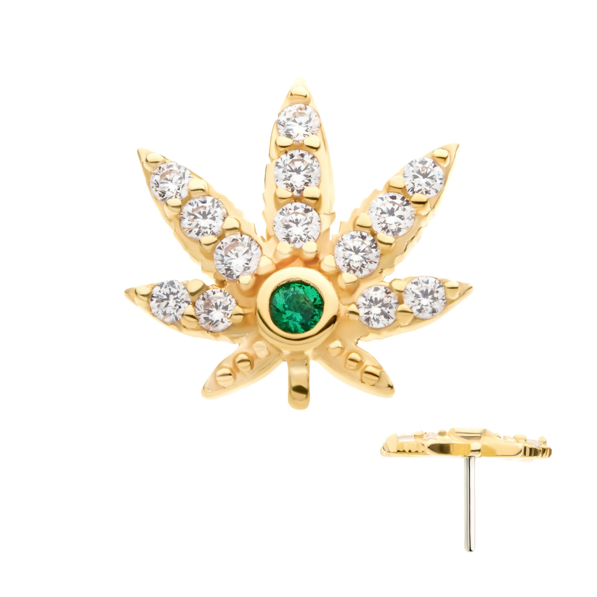 Clear & Emerald CZ Pot Leaf Flatback Stud Earring / Nosering - CZ in 14Kt Yellow Gold