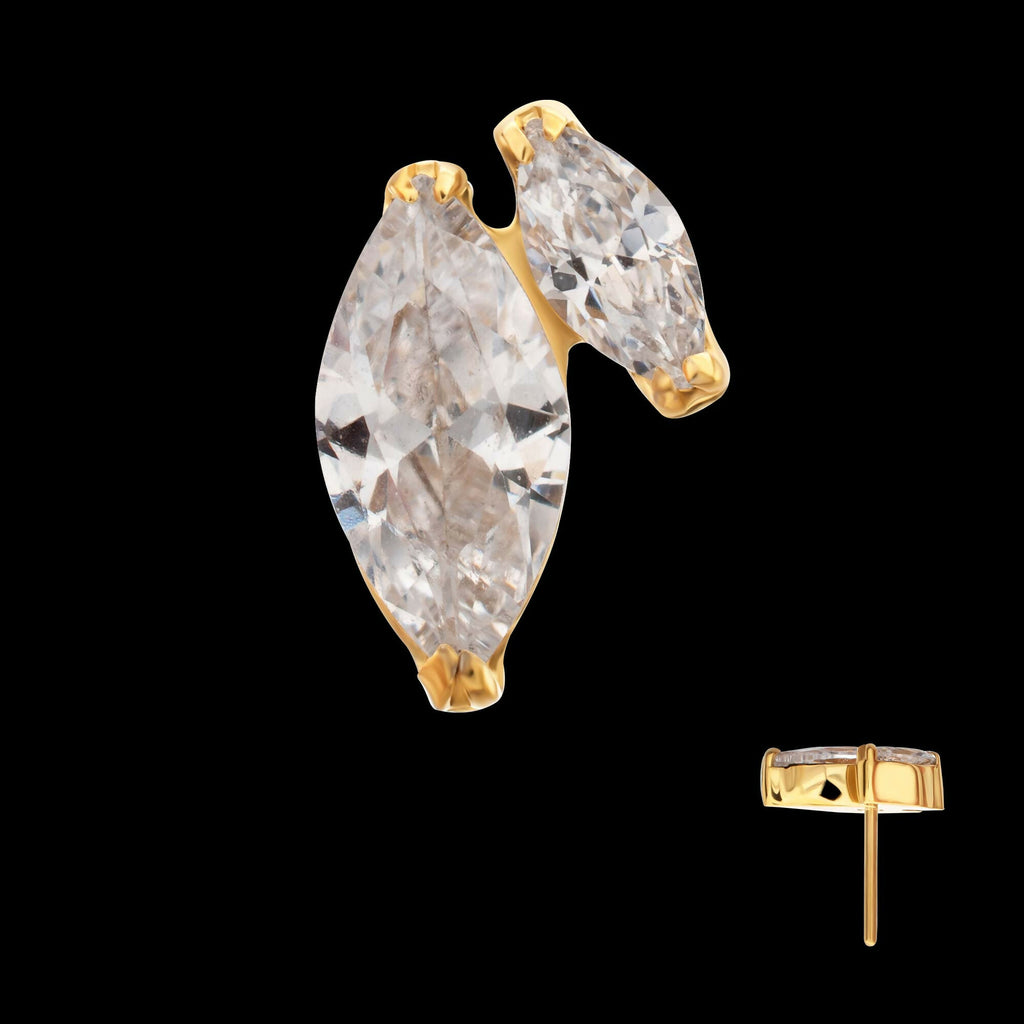 24Kt Gold PVD Titanium Threadless V-Prong Dual Marquise CZ Gem Top