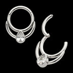 Double Hoop with Pear-Shaped Gem Front Facing Hinged Segment Clicker Earring / Nosering – Titanium
