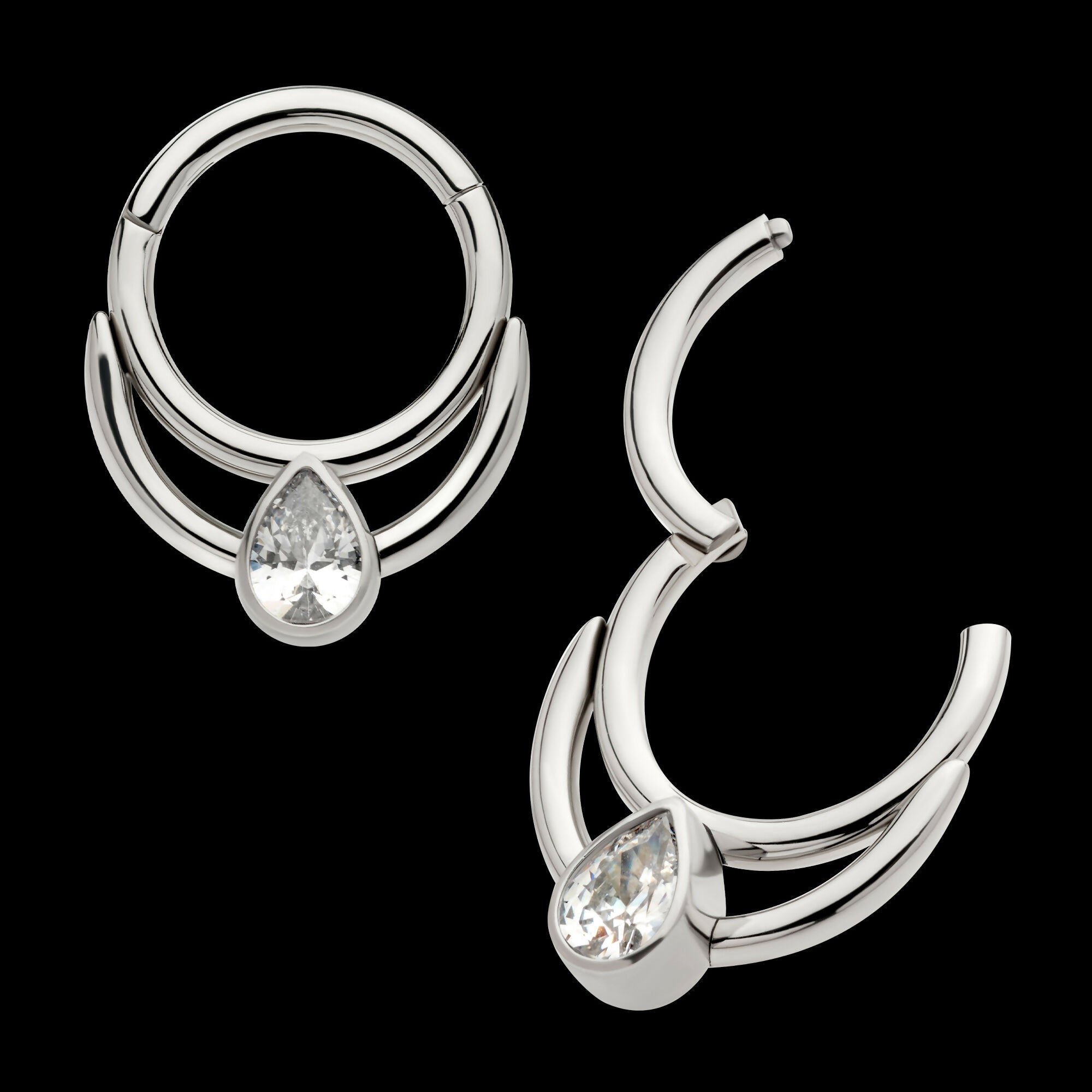 Double Hoop with Pear-Shaped Gem Front Facing Hinged Segment Clicker Earring / Nosering – Titanium
