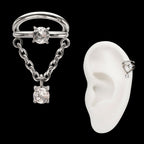 Prong Set Gem Open Stack Double Hoop with Gem Chain Dangle Hinged Segment Clicker Earring / Nosering – Titanium