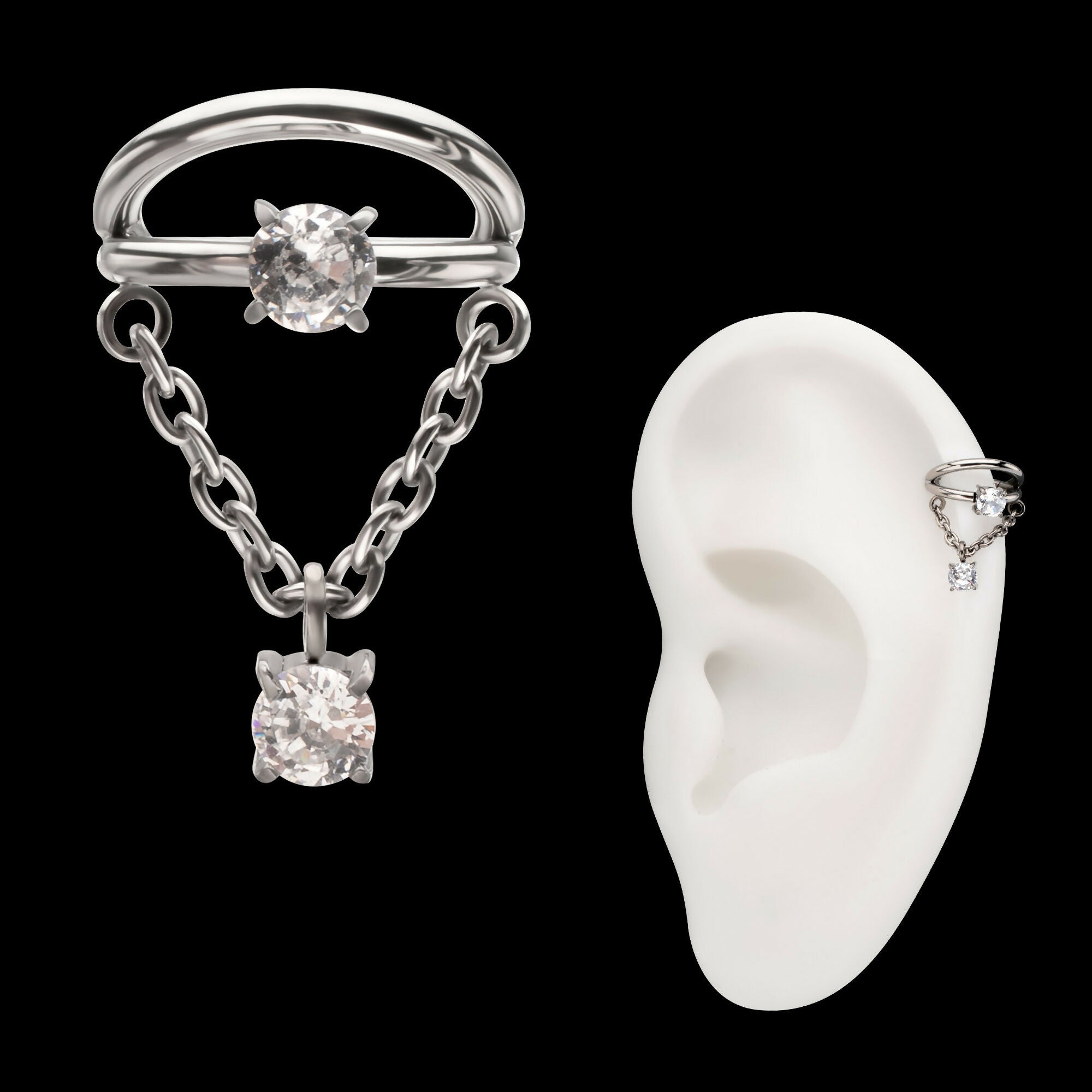 Prong Set Gem Open Stack Double Hoop with Gem Chain Dangle Hinged Segment Clicker Earring / Nosering – Titanium