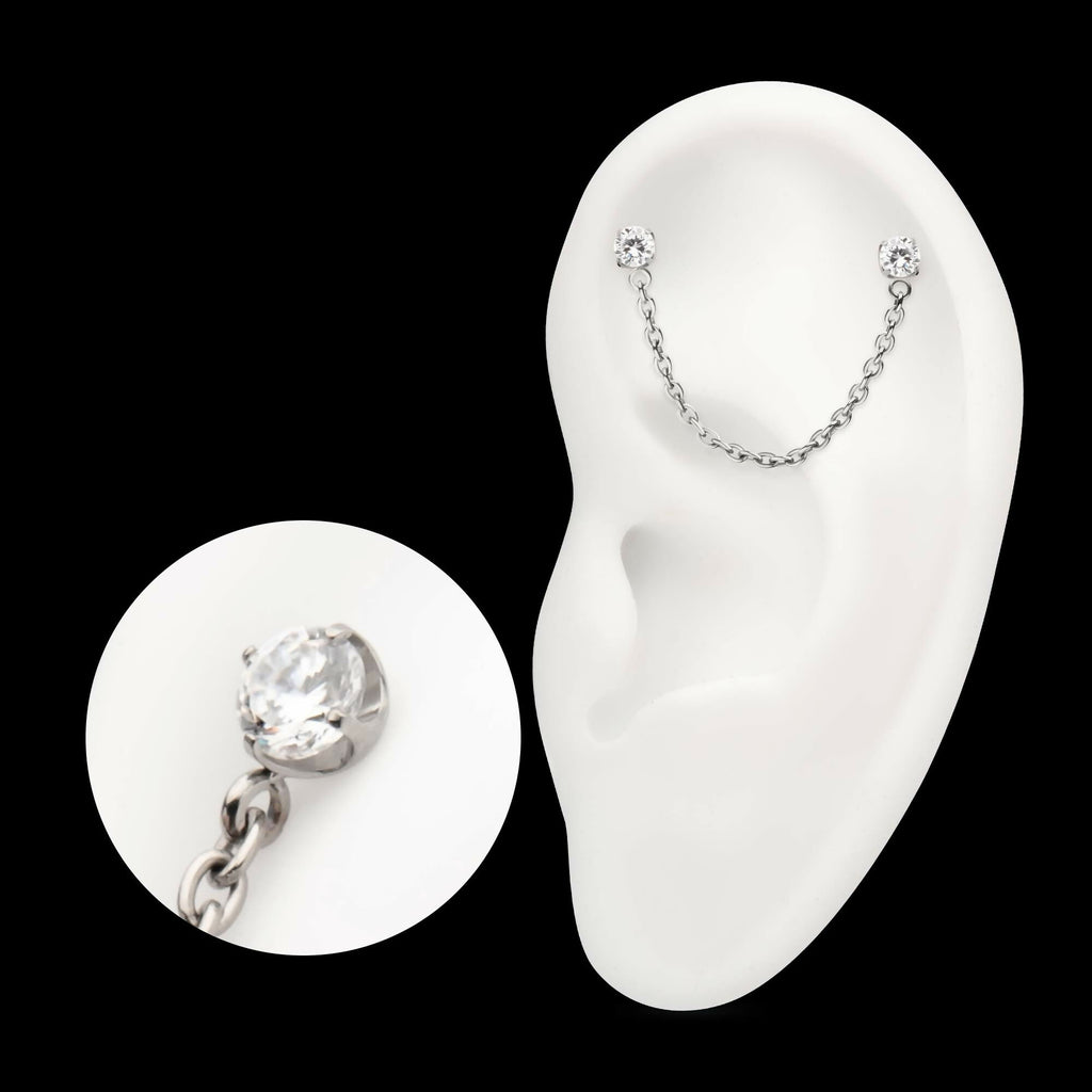 Titanium Threadless Double Prong Set Gem Top with Rolo Chain Dangle