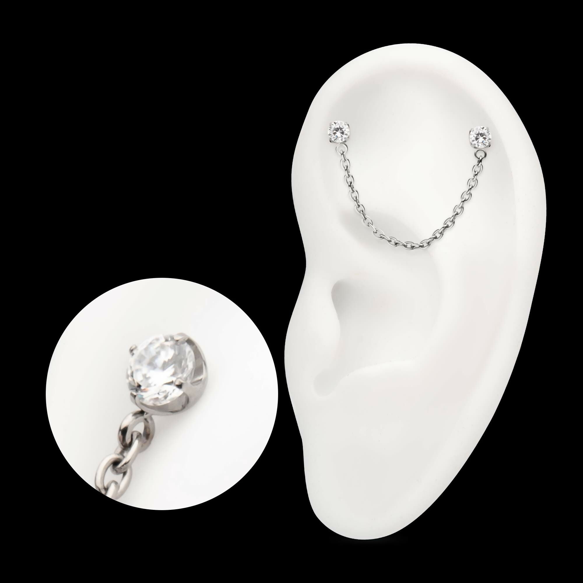 Titanium Threadless Double Prong Set Gem Top with Rolo Chain Dangle