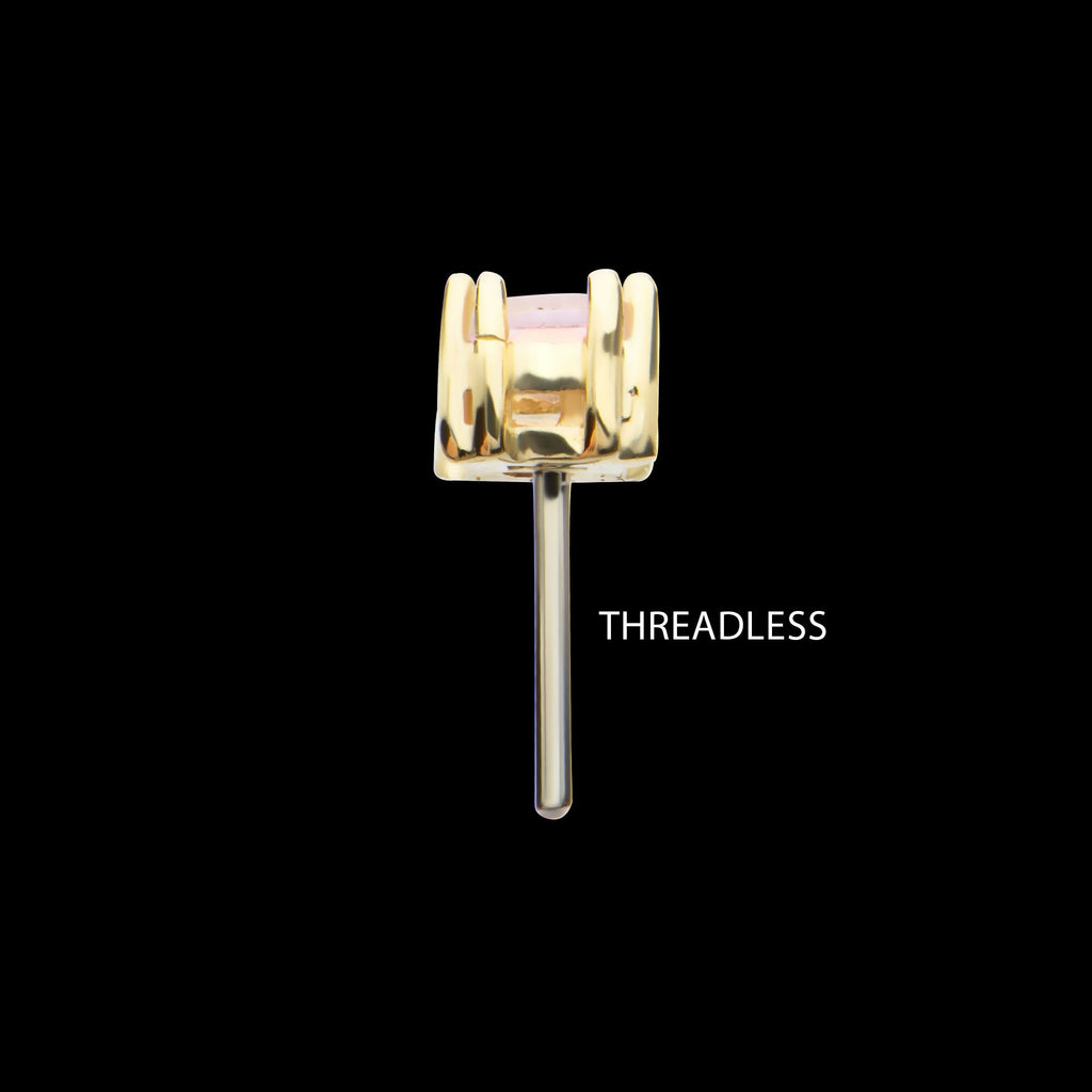 14Kt Yellow Gold Threadless Emerald Cut Pink CZ Top