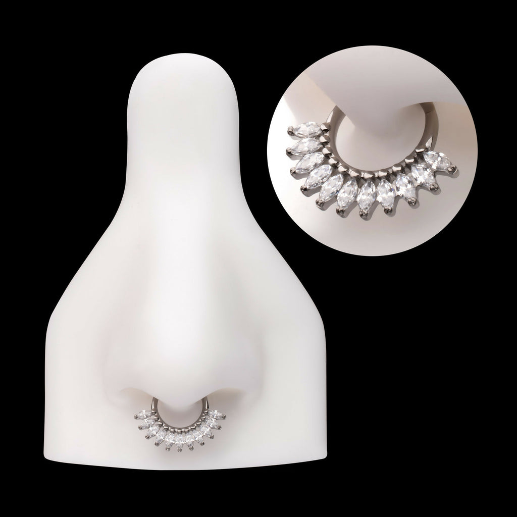 Prong Set Marquise Gem Cluster Fan Front Facing Hinged Segment Clicker Hoop Earring / Nosering – Titanium