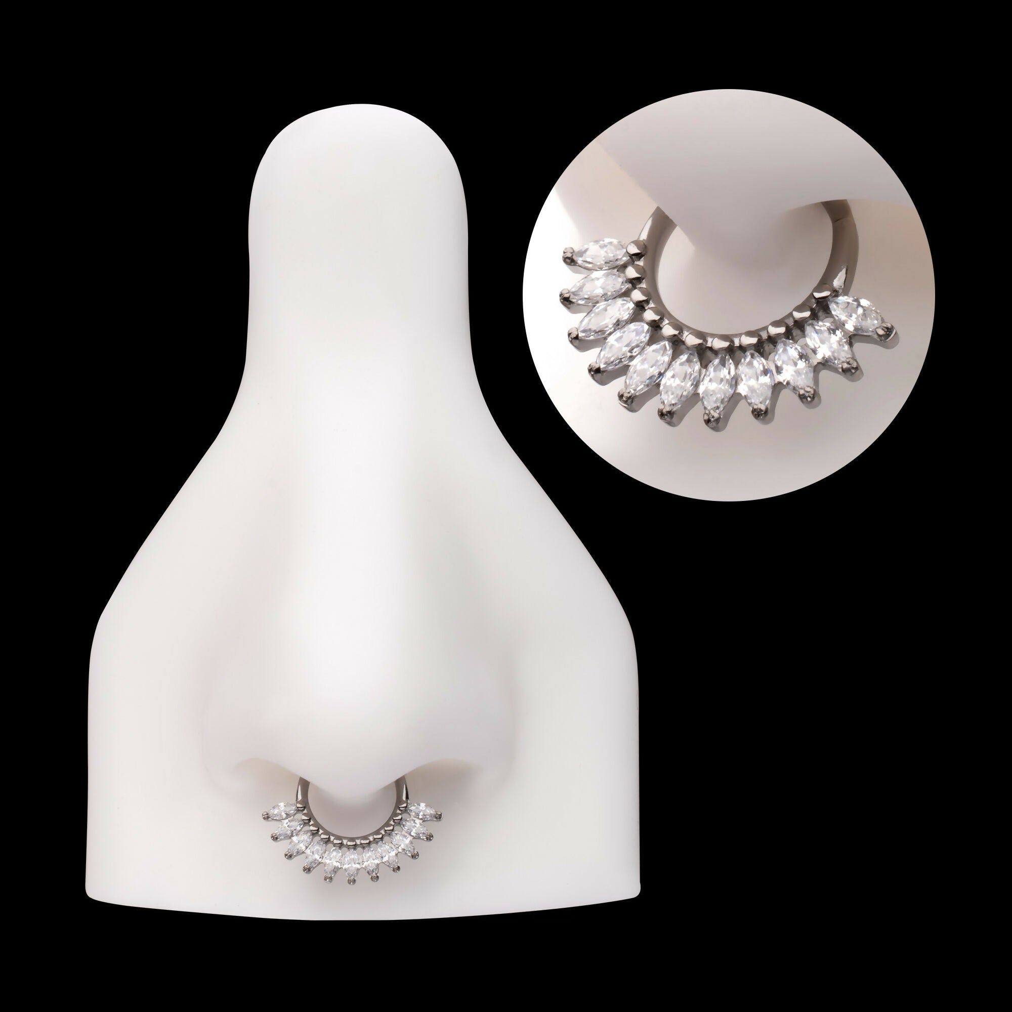Prong Set Marquise Gem Cluster Fan Front Facing Hinged Segment Clicker Hoop Earring / Nosering – Titanium
