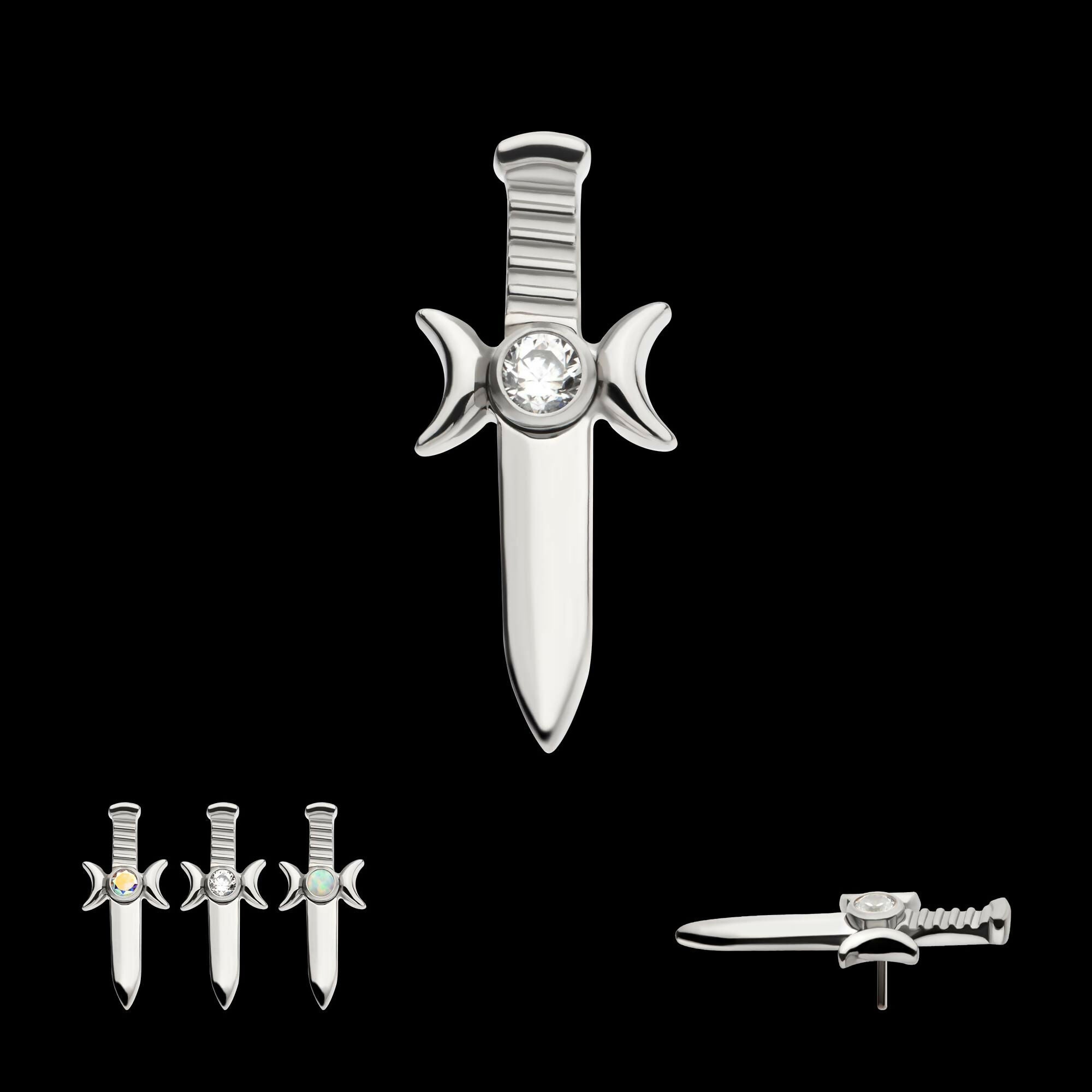 Titanium Threadless with Bezel Set 2mm CZ/Opal Triple Moon Phase Dagger Top