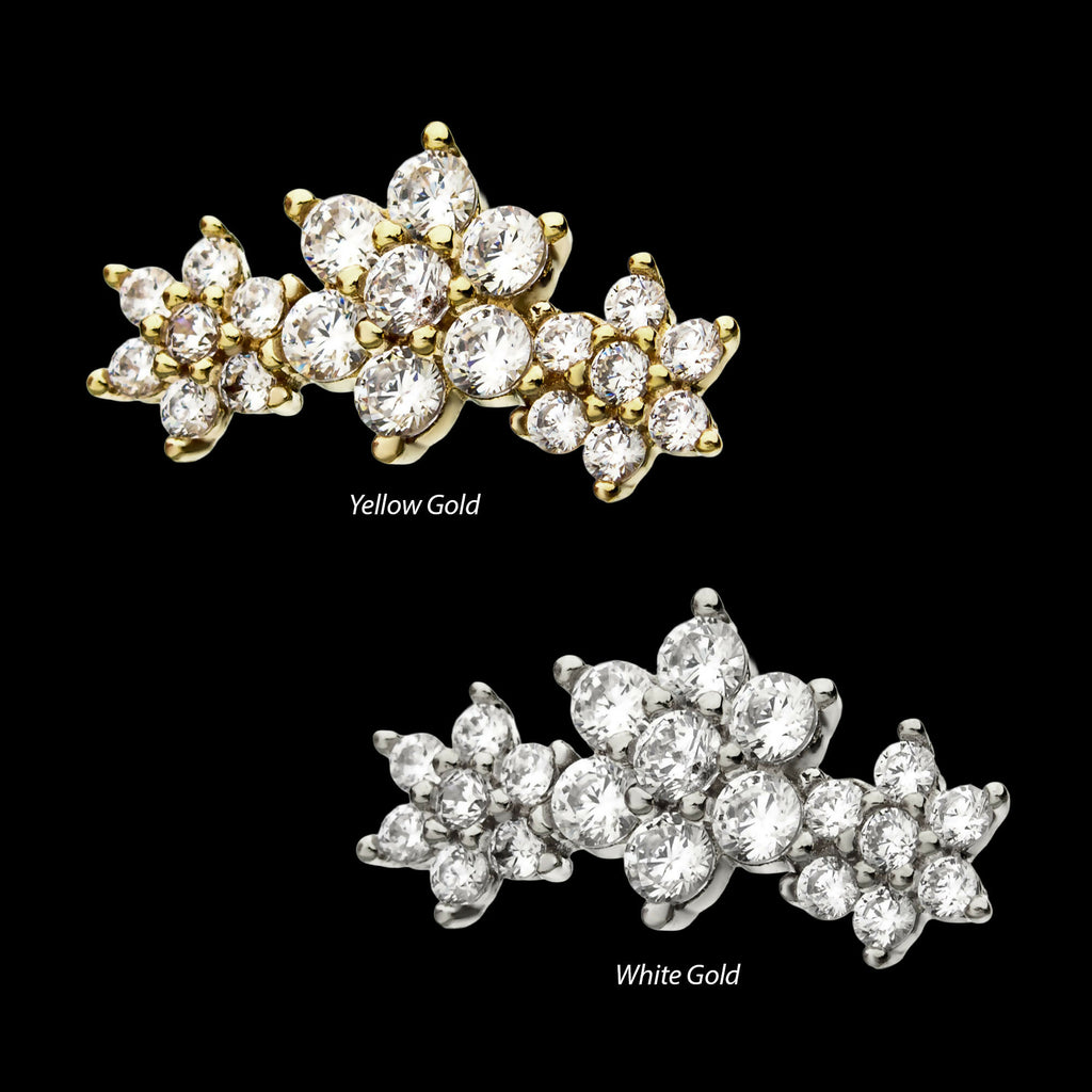 14kt Gold Threadless Prong Set Multi-Clear CZ Tri-Flower Top
