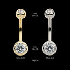 Internally Threaded Double Round Bezel Clear CZ Fixed Bottom Navel Earring / Nosering – 14Kt Gold