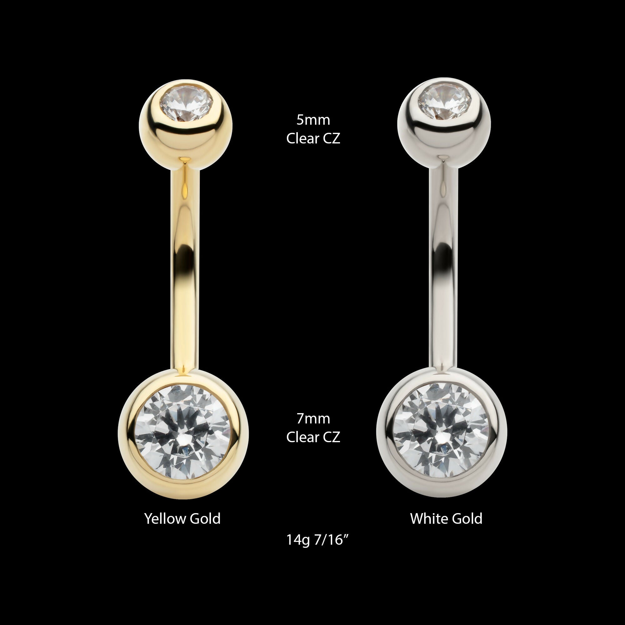 Internally Threaded Double Round Bezel Clear CZ Fixed Bottom Navel Earring / Nosering – 14Kt Gold