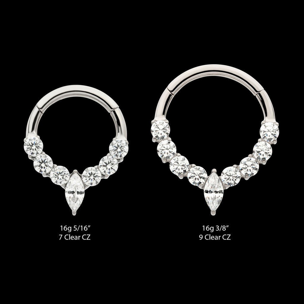 Clustered Prong Set Round CZ with Center Marquise CZ Front Facing Hinged Segment Clicker Hoop Earring / Nosering – Titanium