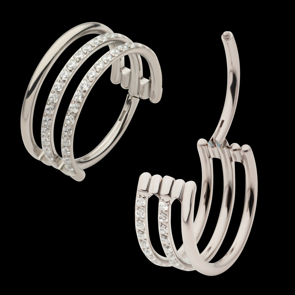 CNC Set Clear CZ in 2 Consecutive Hoops Triple Row Side Facing Hinged Segment Clicker Earring / Nosering – Titanium