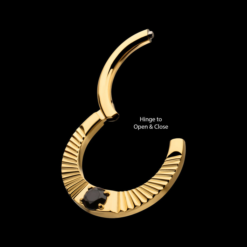 24Kt Gold PVD Titanium Radiant Hoop with Black Prong Set Gem Front Facing Hinged Segment Clicker Earring / Nosering