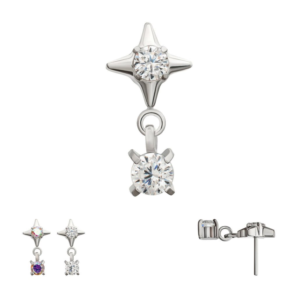 Celestial Star with Prong Set CZ Gem Dangle Flatback Stud Earring / Nosering - CZ in Platinum PVD Titanium