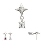Celestial Star with Prong Set CZ Gem Dangle Flatback Stud Earring / Nosering - CZ in Platinum PVD Titanium