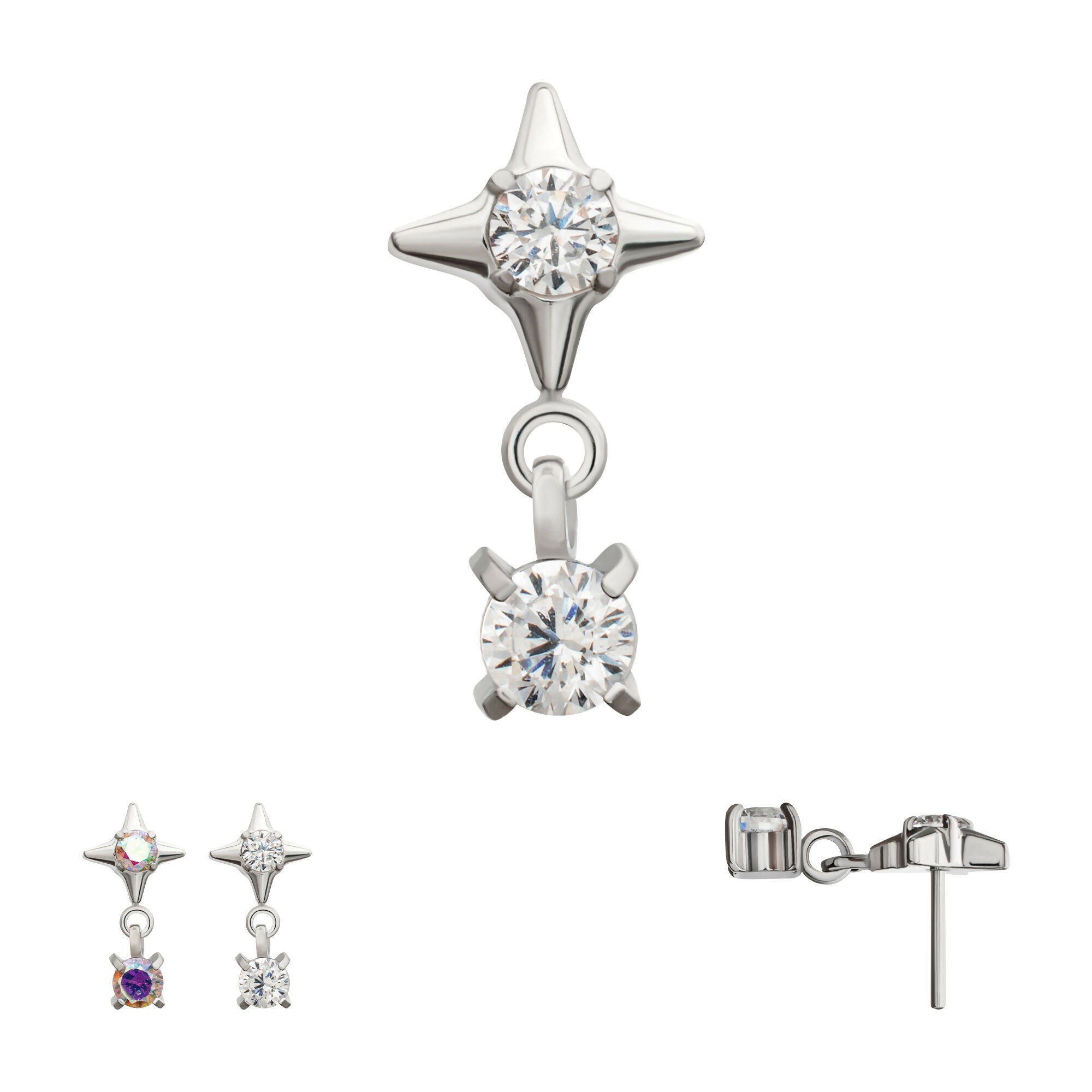 Celestial Star with Prong Set CZ Gem Dangle Flatback Stud Earring / Nosering - CZ in Platinum PVD Titanium