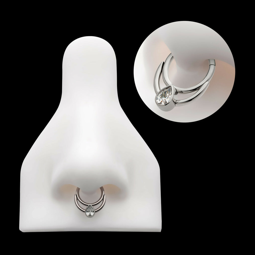 Double Hoop with Pear-Shaped Gem Front Facing Hinged Segment Clicker Earring / Nosering – Titanium