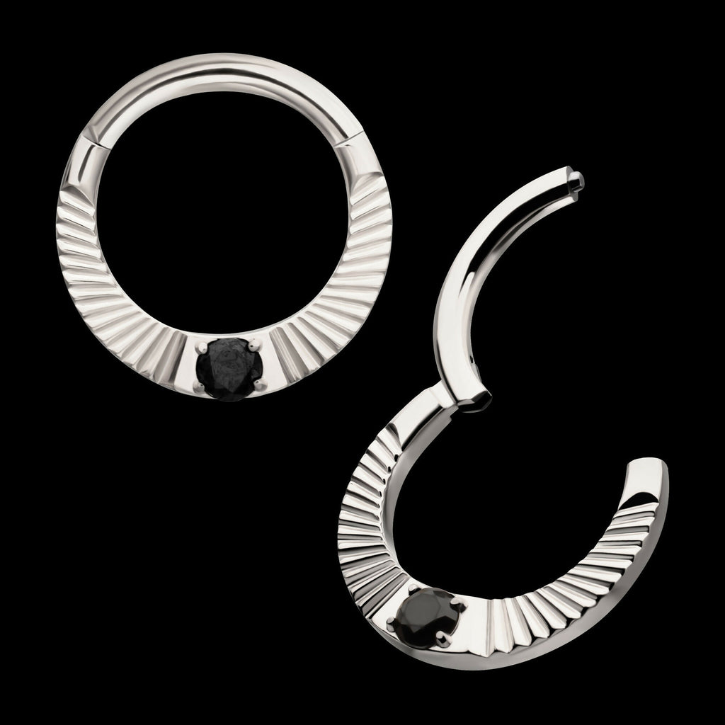 Radiant Hoop with Black Prong Set Gem Front Facing Hinged Segment Clicker Earring / Nosering – Titanium