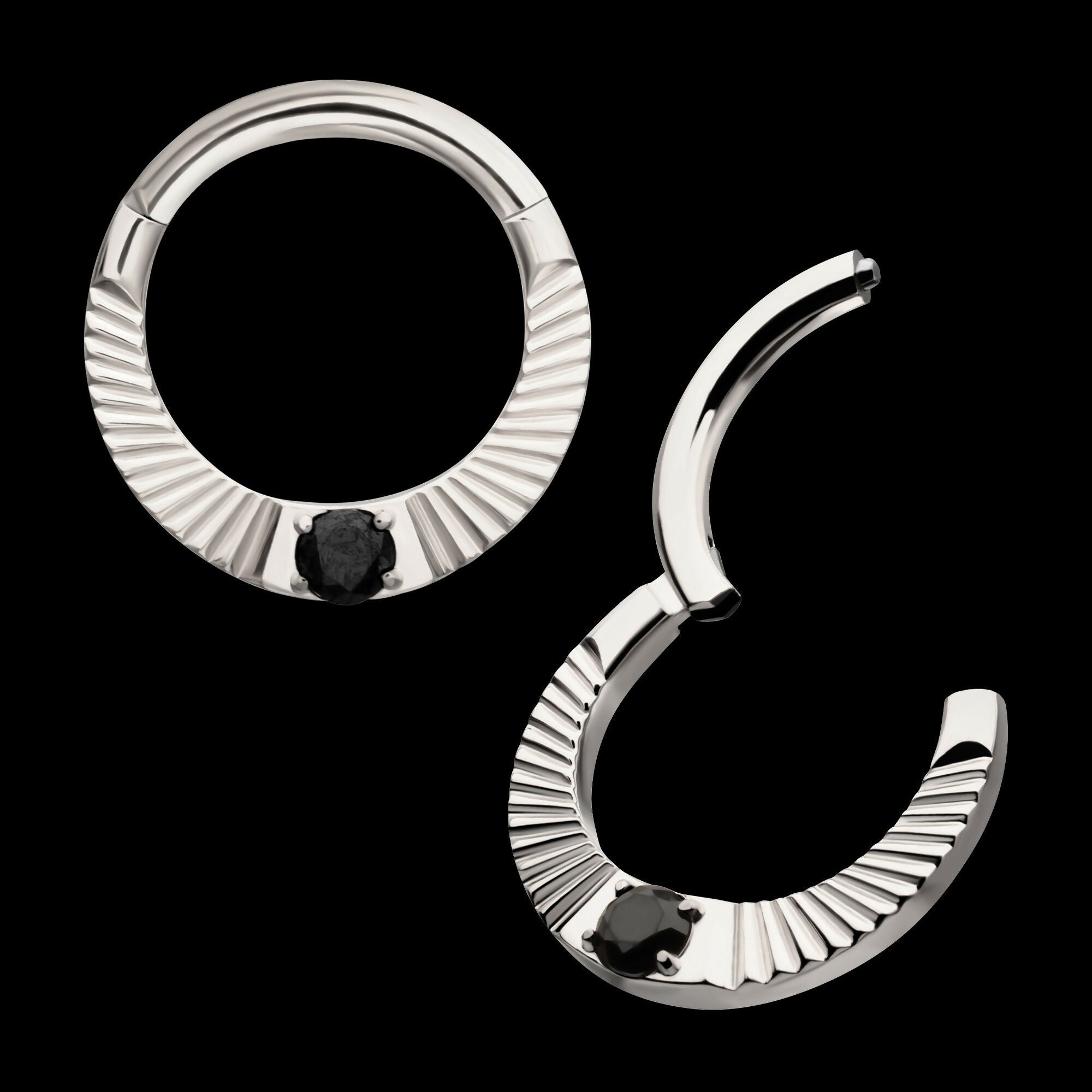 Radiant Hoop with Black Prong Set Gem Front Facing Hinged Segment Clicker Earring / Nosering – Titanium