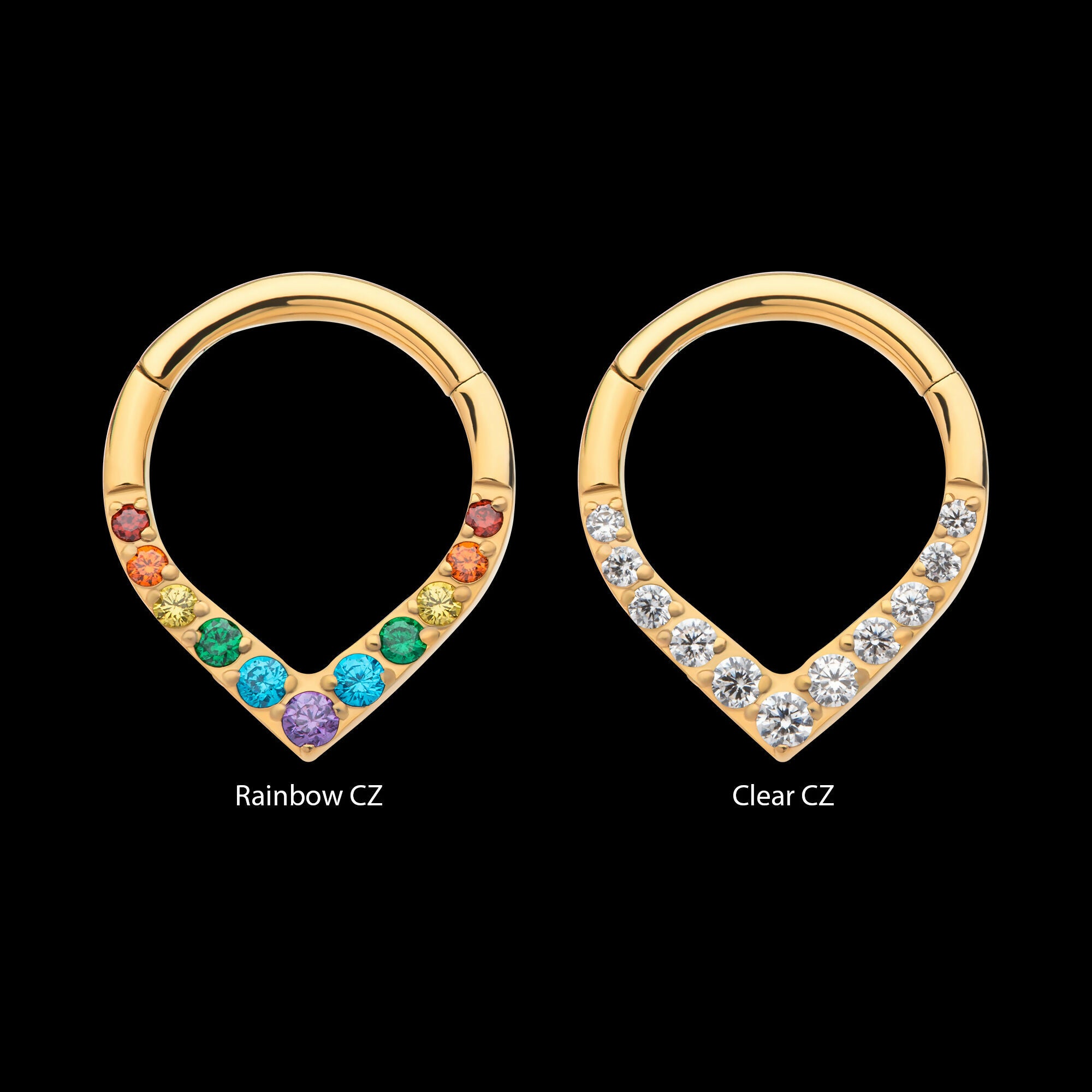 24Kt Gold PVD Titanium CNC Set Gem Front Facing Teardrop Shape Hinged Segment Clicker Hoop Earring / Nosering