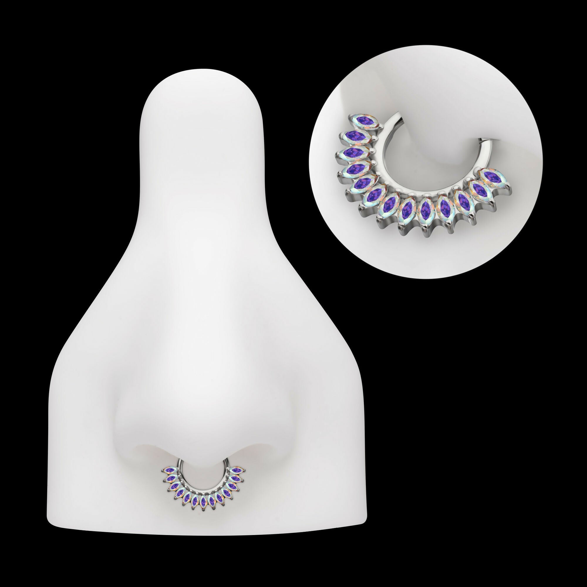 Prong Set Marquise Gem Cluster Fan Front Facing Hinged Segment Clicker Hoop Earring / Nosering – Titanium