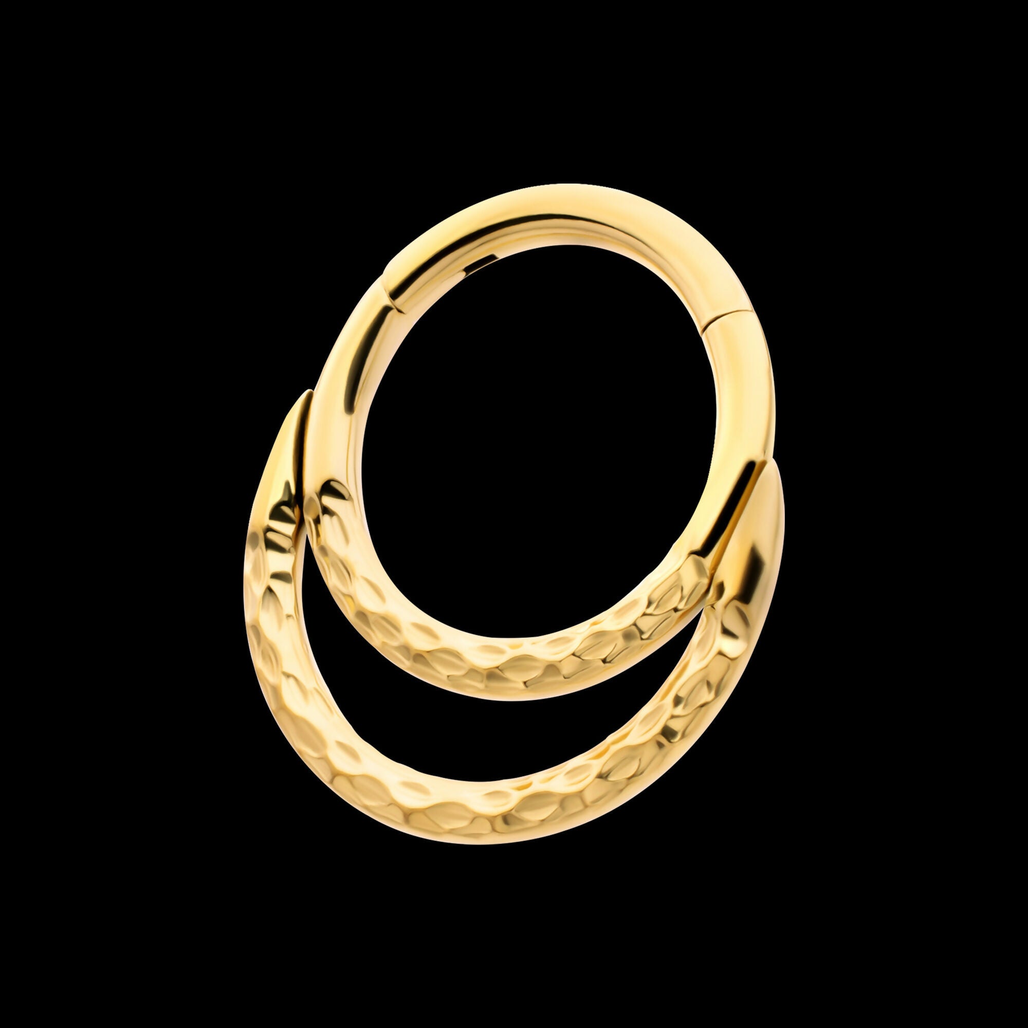24Kt Gold PVD Titanium Hammered Double Hoop Front Facing Hinged Segment Clicker Earring / Nosering