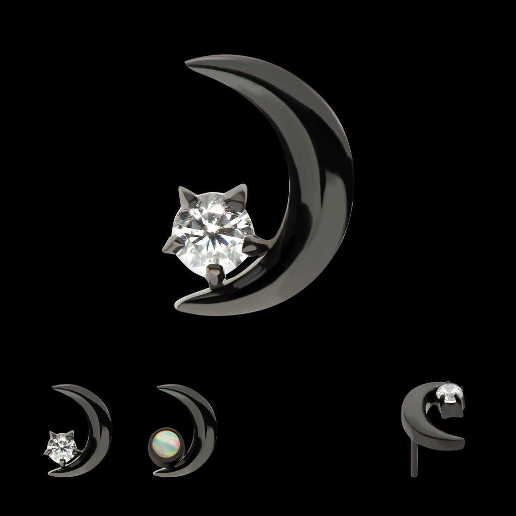 Black PVD Titanium Threadless Crescent Moon with CZ/Opal Top