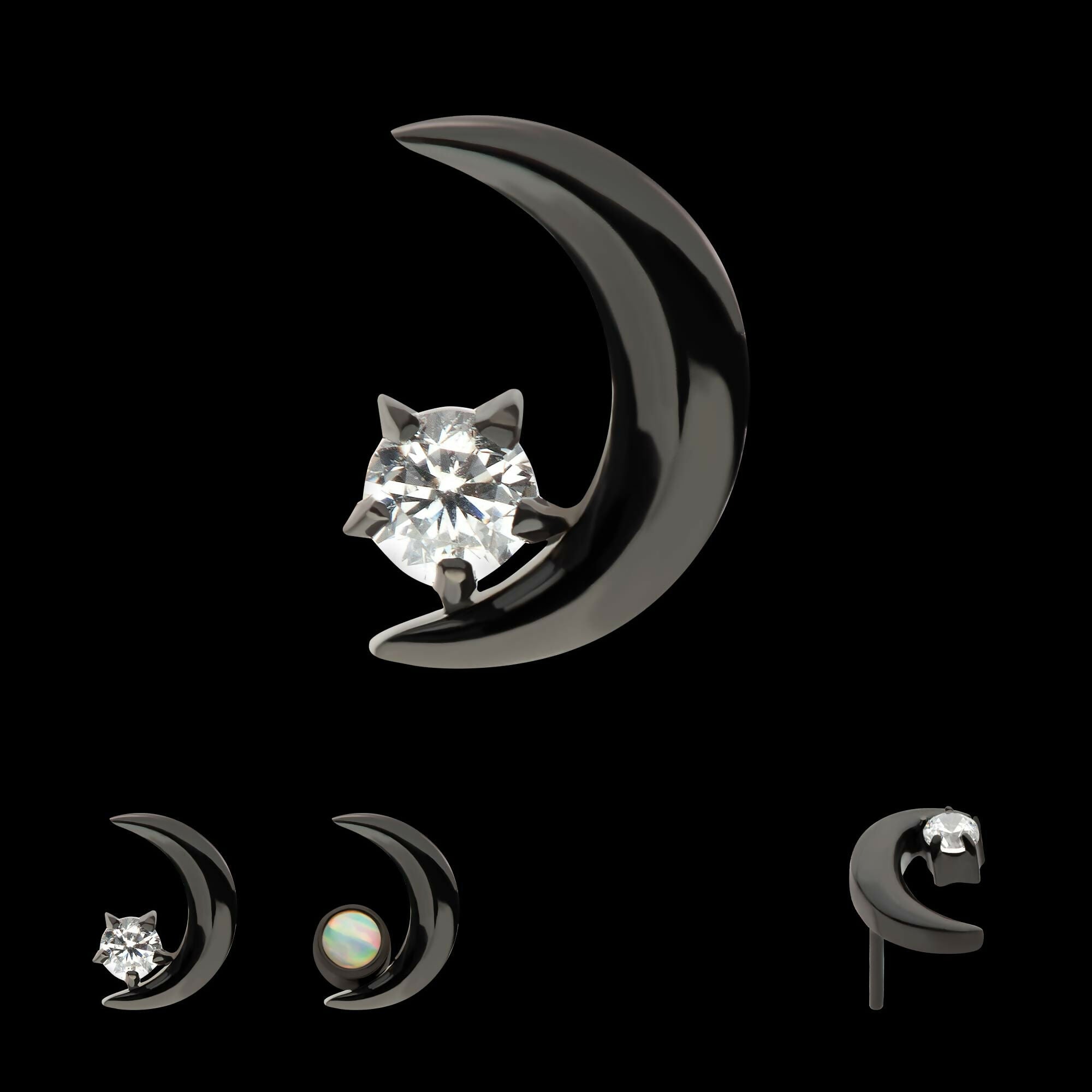 Black PVD Titanium Threadless Crescent Moon with CZ/Opal Top