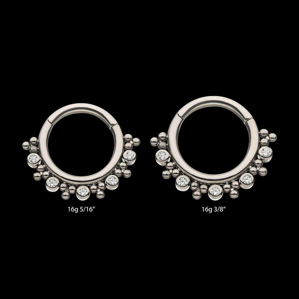 Alternating Bezel Set CZ & Trio Beads Cluster Front Facing Hinged Segment Clicker Hoop Earring / Nosering – Titanium